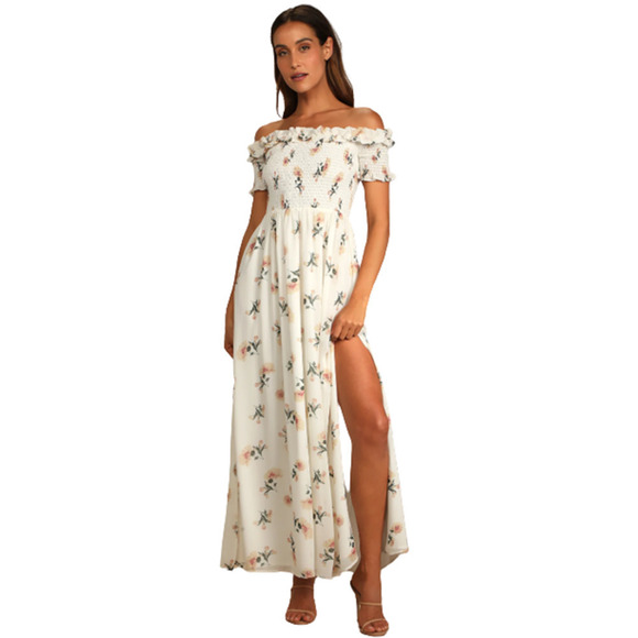 Lulus LET LOVE BLOOM IVORY FLORAL SMOCKED OFF SHOULDER‎ BARDOT MAXI DRESS XS NWT - Picture 1 of 16